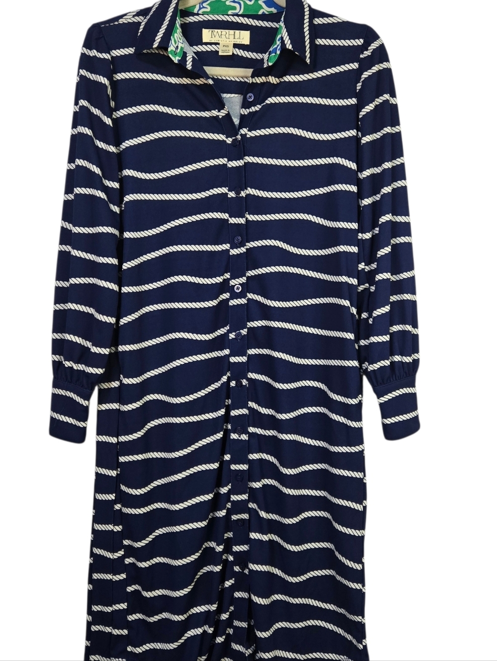 TWRHLL By Christie Brinkley Sz PXS Navy Rope-Print L/Sl Tie Shirt Dress - Picture 3 of 12